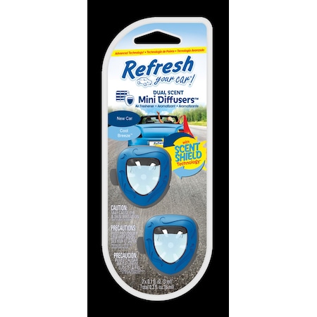 Refresh Your Car Refresh Your Car! Mini Diffusers New Car /Cool Breeze Scent Car Air Freshener 0.2 oz Liquid 2 pk E301450900